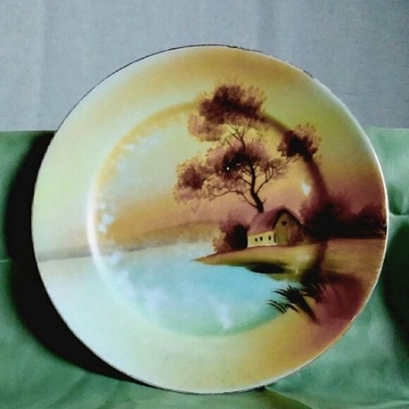 NORITAKE PLATE Gern Mark HAND PAINTED  HOUSE &TREE ON LAKE 7 5/8" - Picture 3 of 5